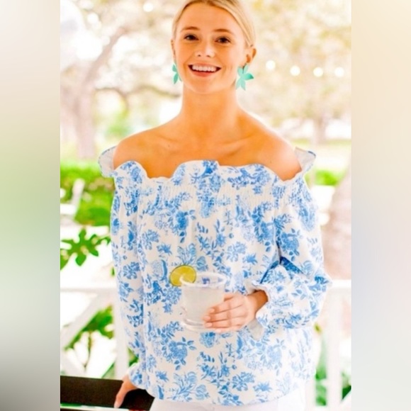 Tuckernuck Tops - Tuckernuck Off the Shoulder Blue/White Floral Marguerite Blouse, XXL